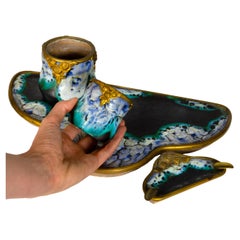 Jugendstil-Schreibtischset aus Keramik und vergoldeter Bronze, Frankreich, 1900er Jahre