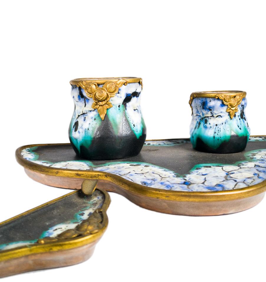 Set da scrivania Art Nouveau in ceramica e bronzo dorato, Francia, 1900 in vendita 1