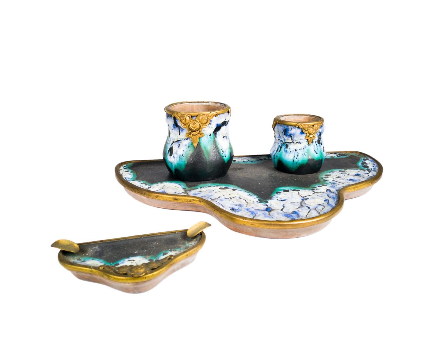 Set da scrivania Art Nouveau in ceramica e bronzo dorato, Francia, 1900 in vendita 2