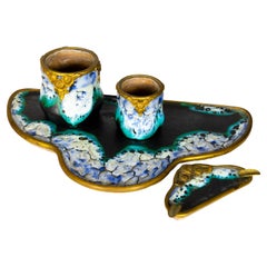 Art Nouveau Desk Set in Ceramic and Gilt Bronze, France, 1900s
