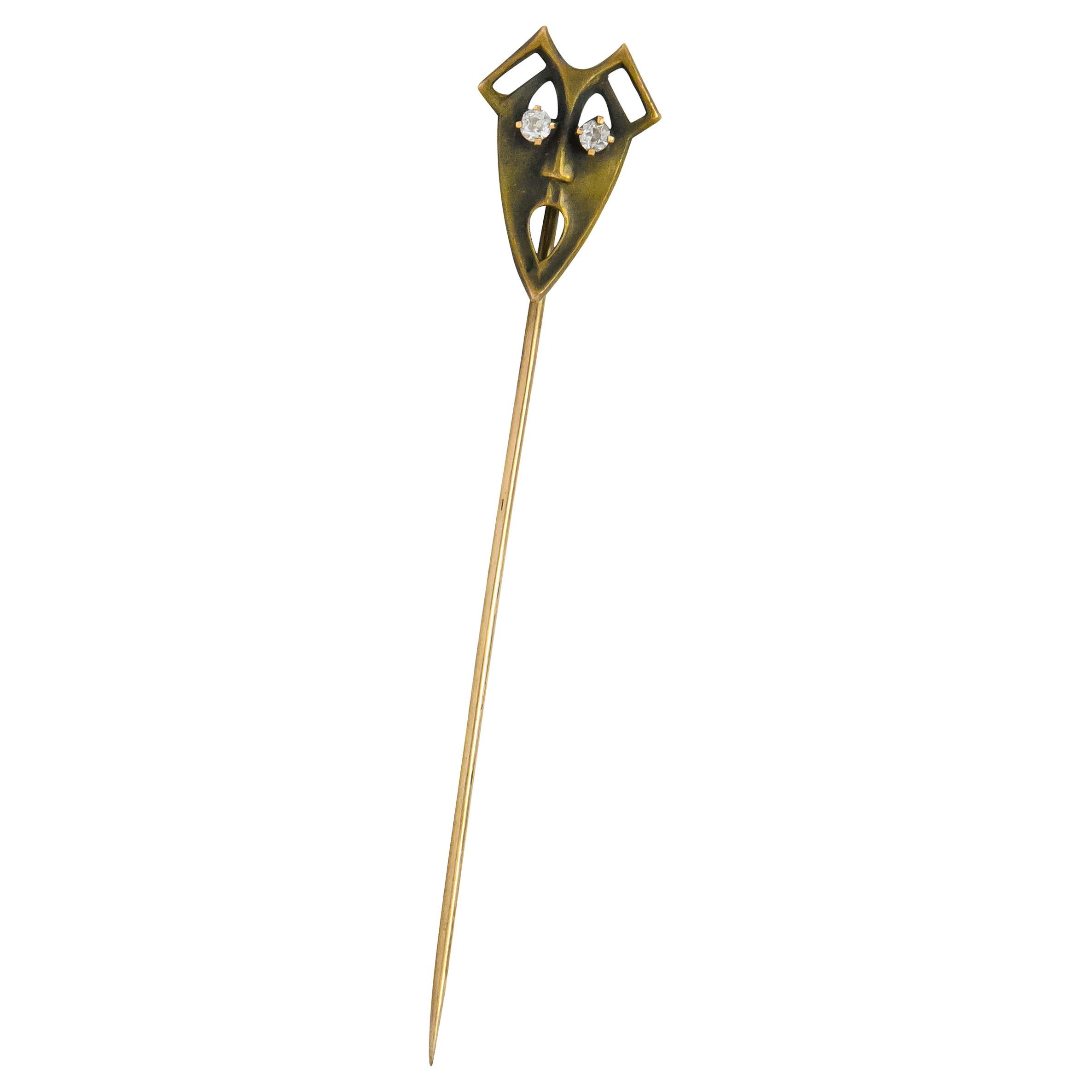 Art Nouveau Diamond 10 Karat Gold Green Man Stickpin For Sale