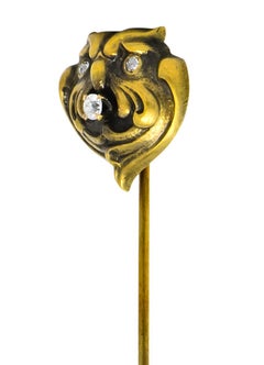 Art Nouveau Diamond 10 Karat Gold Stylized Owl Stickpin
