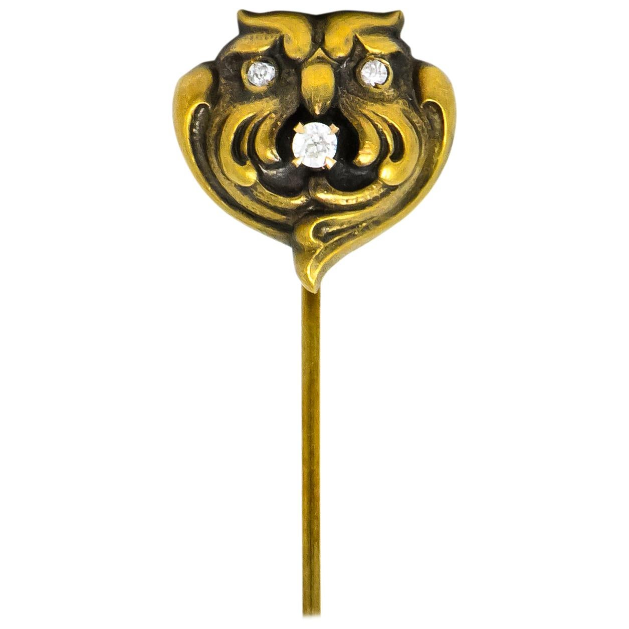 Art Nouveau Diamond 10 Karat Gold Stylized Owl Stickpin