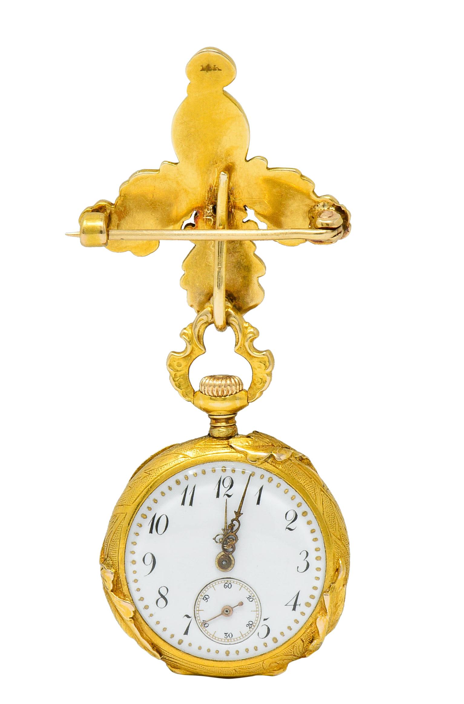Art Nouveau Diamond 14 Karat Gold Antique Watch Brooch In Excellent Condition In Philadelphia, PA