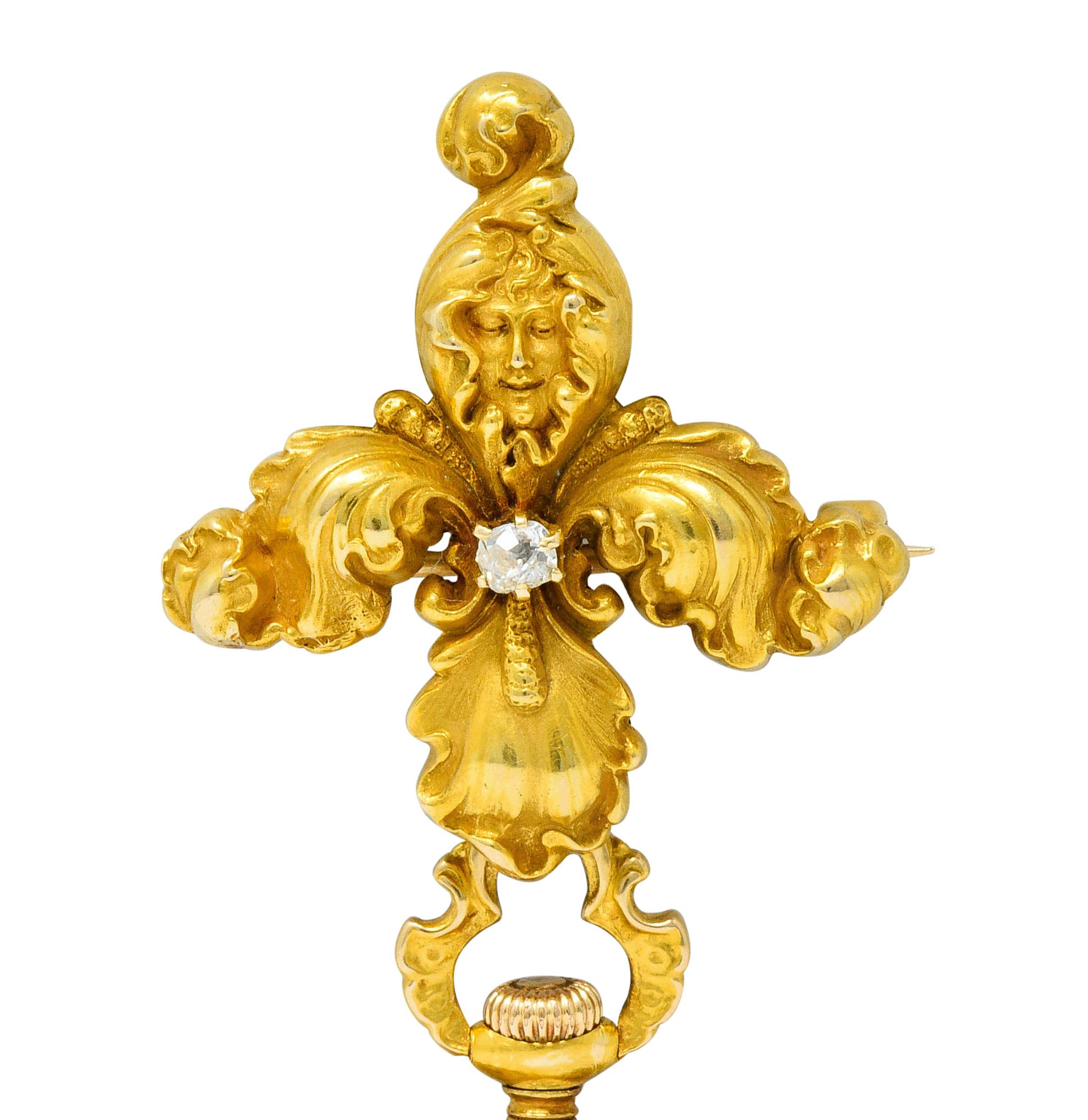 Women's or Men's Art Nouveau Diamond 14 Karat Gold Antique Watch Brooch