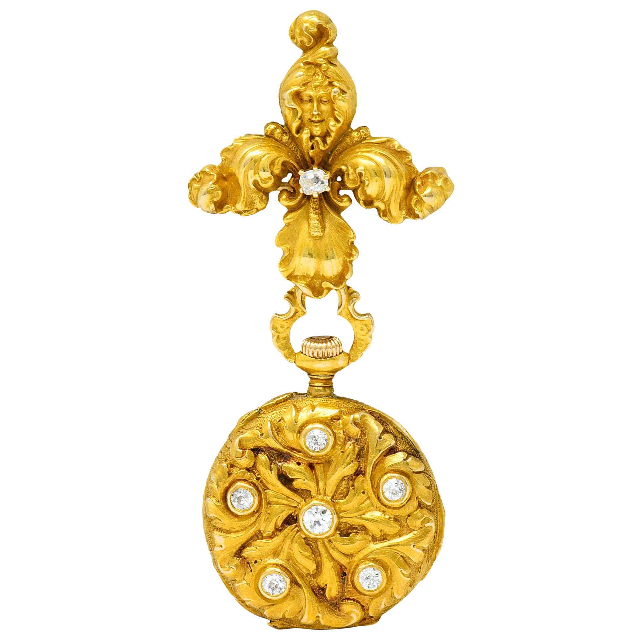 Art Nouveau Diamond 14 Karat Gold Antique Watch Brooch