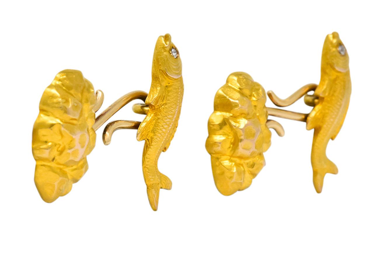 Old Mine Cut Art Nouveau Diamond 14 Karat Gold Fish Cufflinks