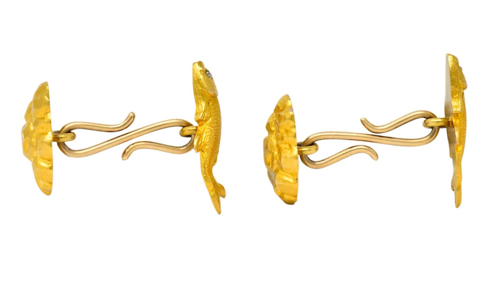 Women's or Men's Art Nouveau Diamond 14 Karat Gold Fish Cufflinks