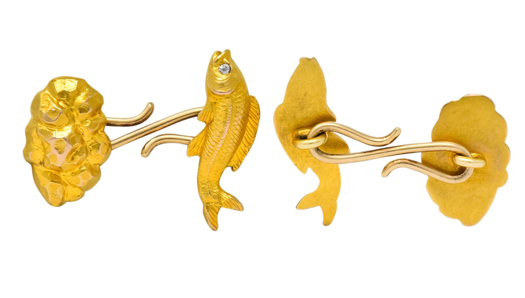 Art Nouveau Diamond 14 Karat Gold Fish Cufflinks 1