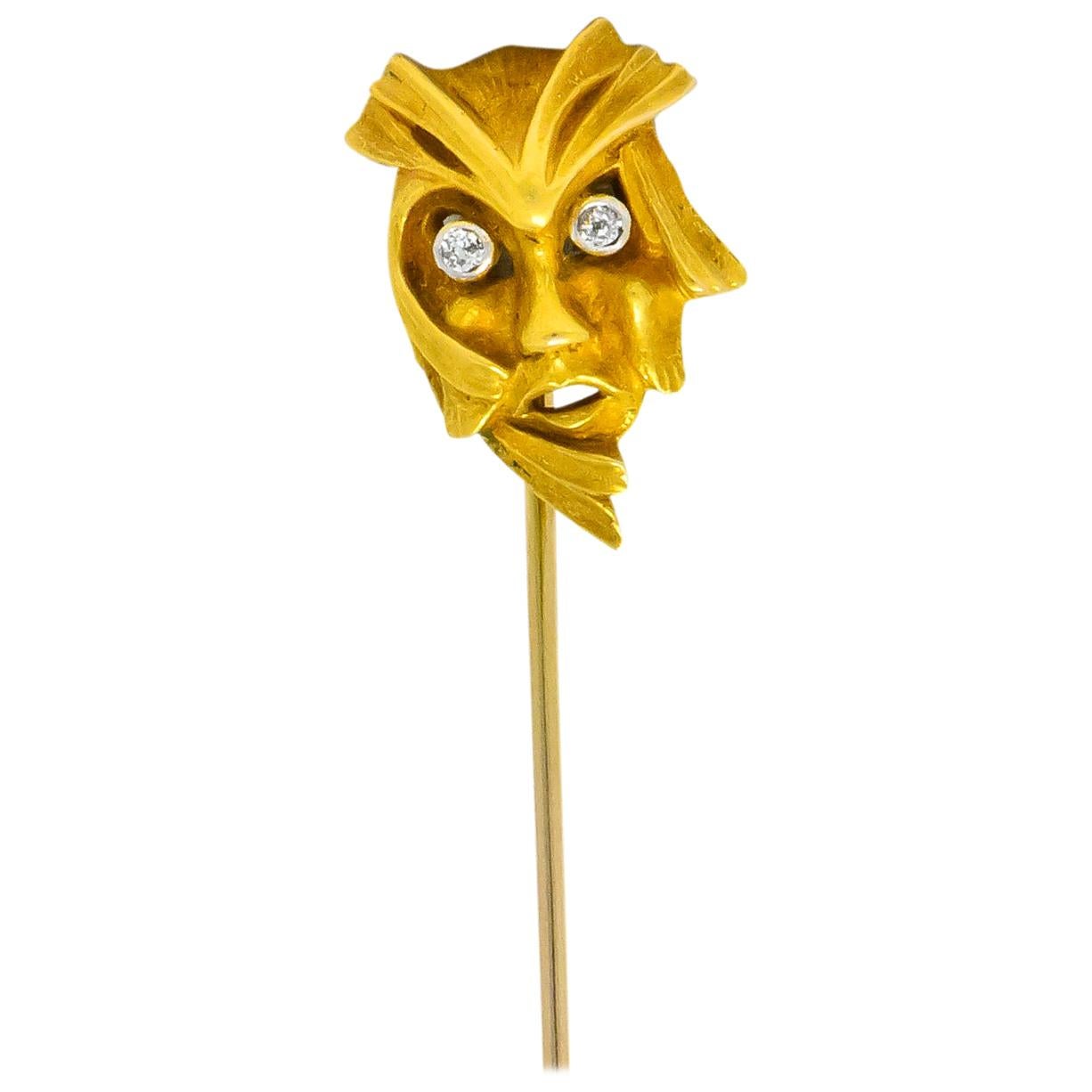 Art Nouveau Diamond 14 Karat Gold Green Man Stickpin For Sale