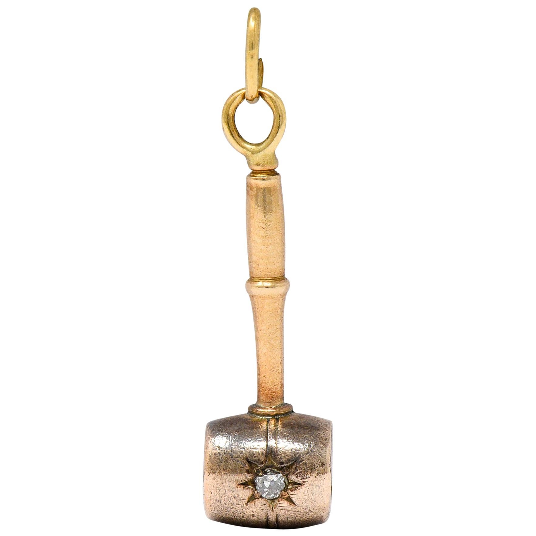 Art Nouveau Diamond 14 Karat Gold Mallet Gavel Charm