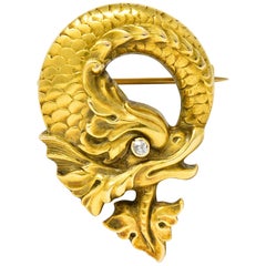 Art Nouveau Diamond 14 Karat Gold Sea Serpent Brooch