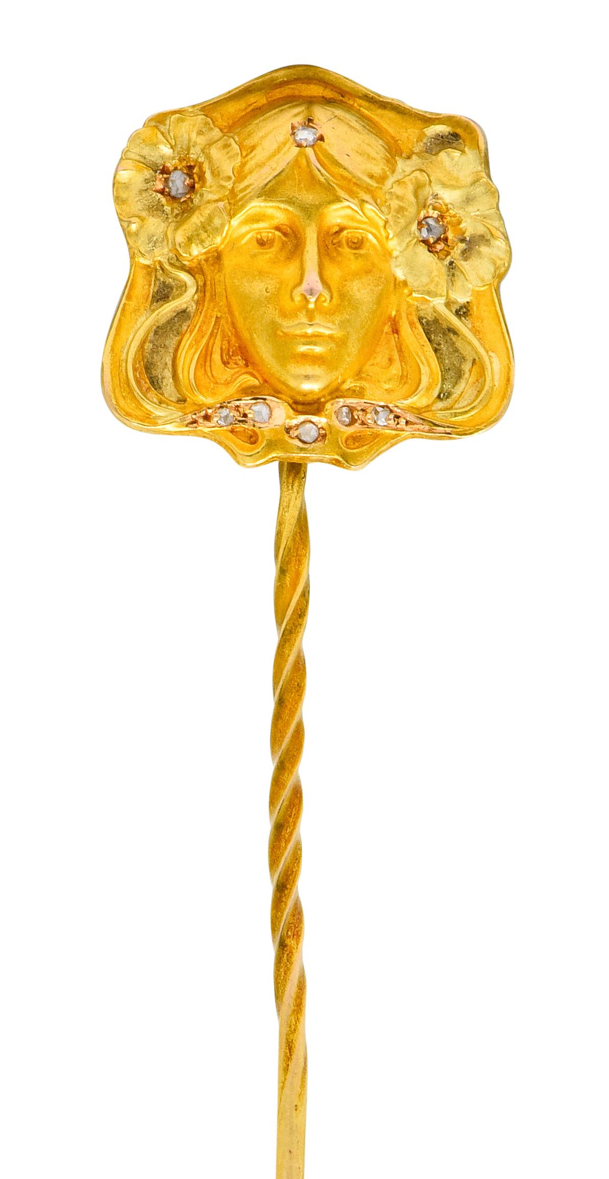 Women's or Men's Art Nouveau Diamond 14 Karat Two-Tone Gold Ethereal Woman Stickpin