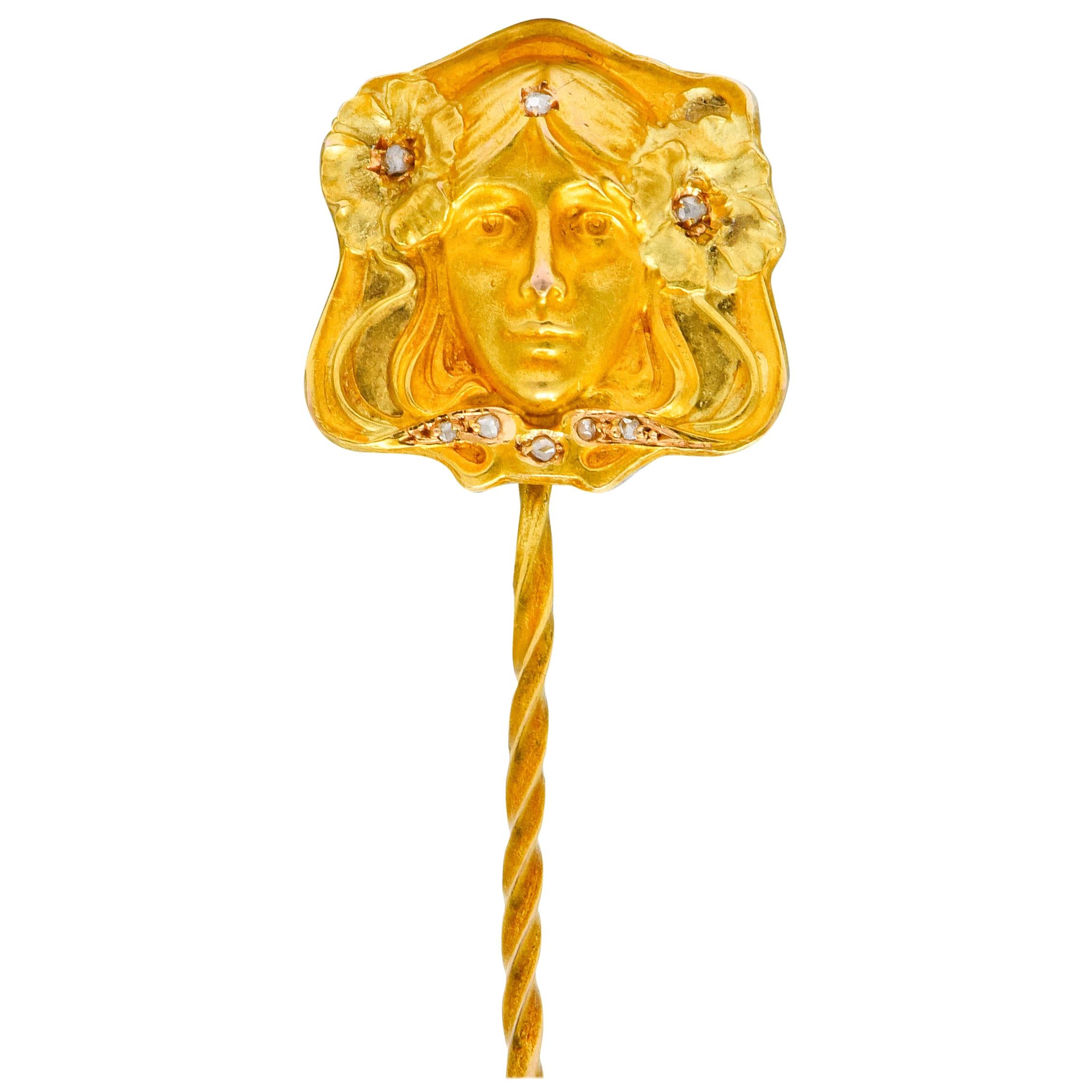 Art Nouveau Diamond 14 Karat Two-Tone Gold Ethereal Woman Stickpin