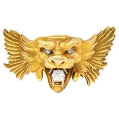 Art Nouveau Diamond 14 Karat Two-Tone Gold Winged Lion Head Antique Brooch