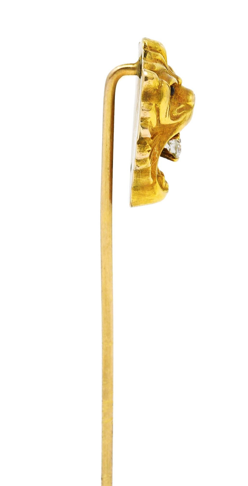 Women's or Men's Art Nouveau Diamond 14 Karat Yellow Gold Animal Lion Stickpin For Sale