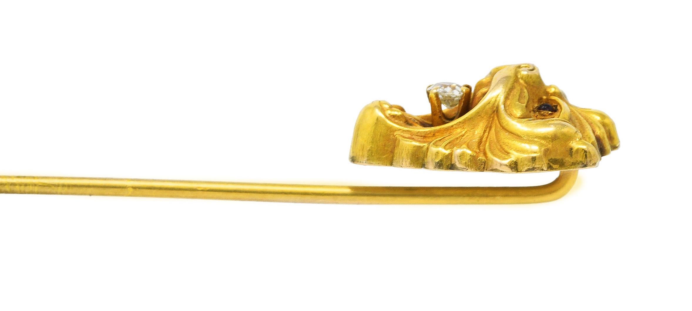 Art Nouveau Diamond 14 Karat Yellow Gold Animal Lion Stickpin For Sale 1