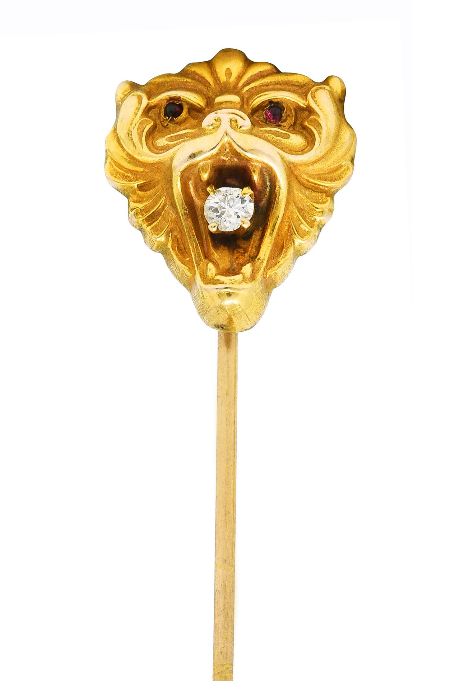 Art Nouveau Diamond 14 Karat Yellow Gold Animal Lion Stickpin For Sale 3