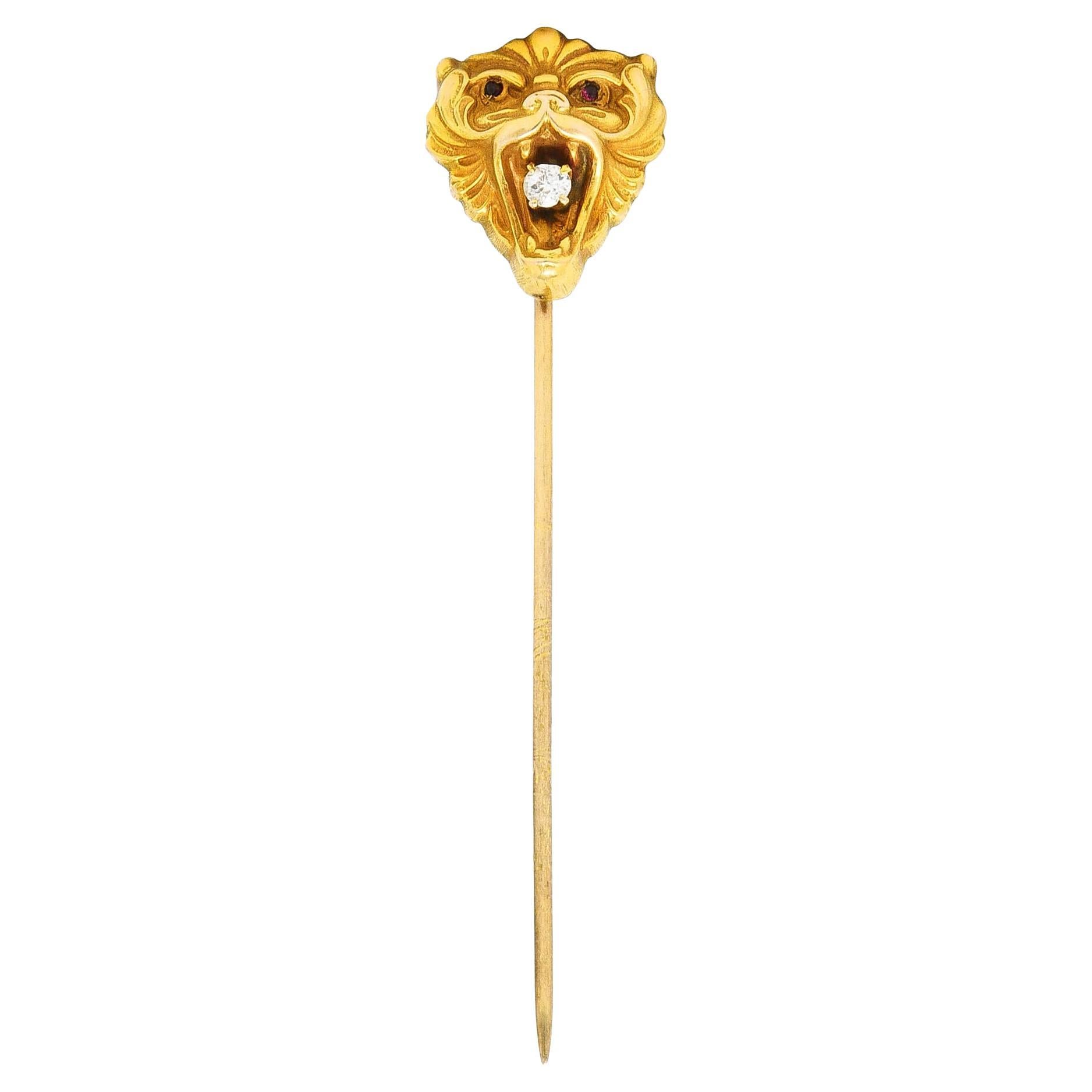 Art Nouveau Diamond 14 Karat Yellow Gold Animal Lion Stickpin For Sale