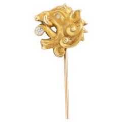 Art Nouveau Diamond 14 Karat Yellow Gold Antique Boar Stickpin
