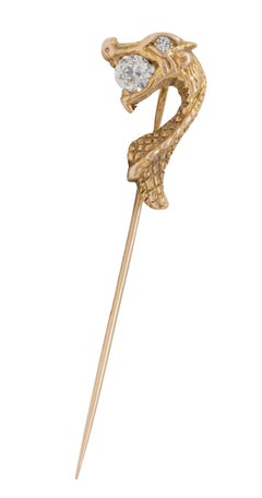 Art Nouveau Diamond 14 Karat Yellow Gold Antique Dragon Serpent Stickpin