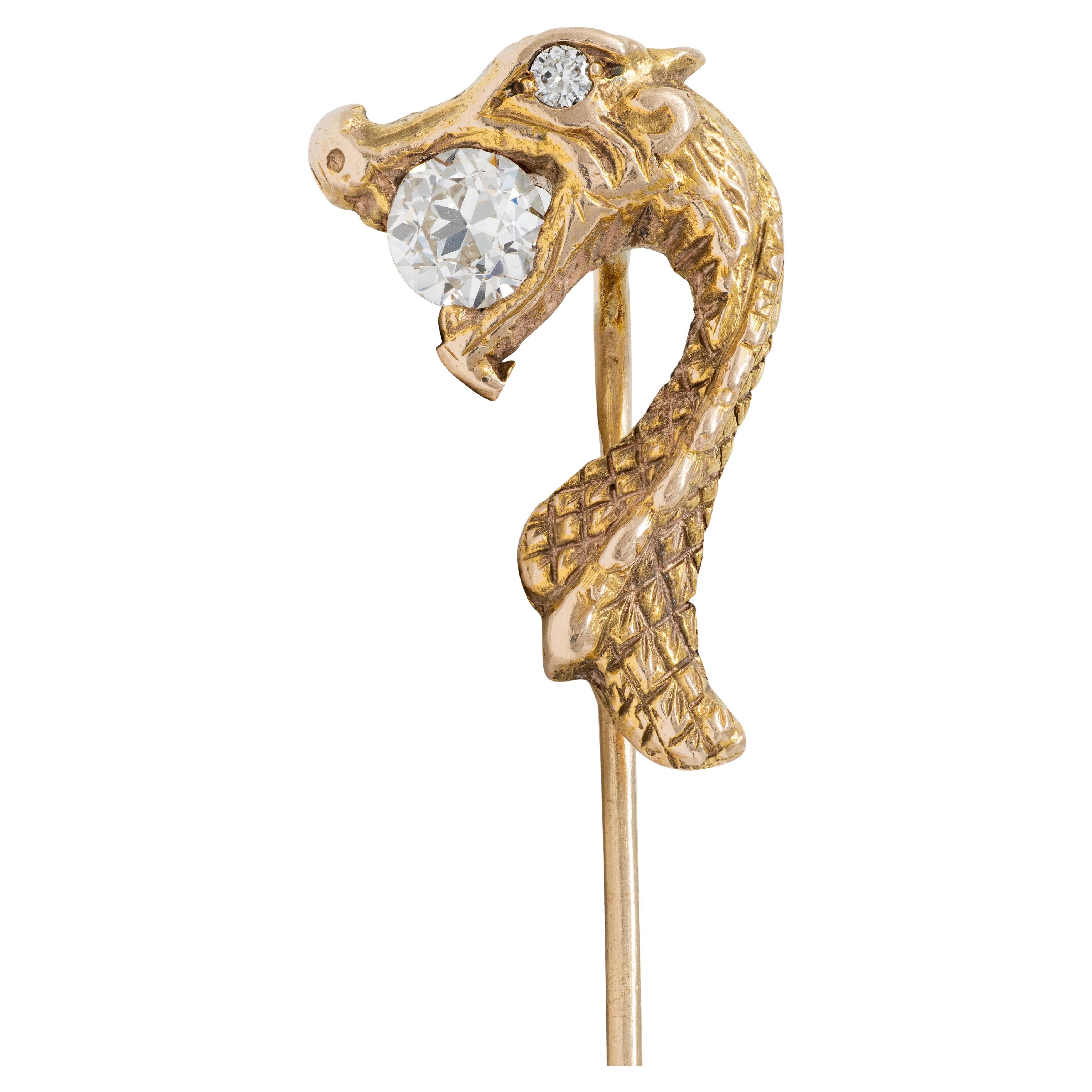 Art Nouveau Diamante 14 Kilates Oro Amarillo Antiguo Pincho Serpiente Dragón