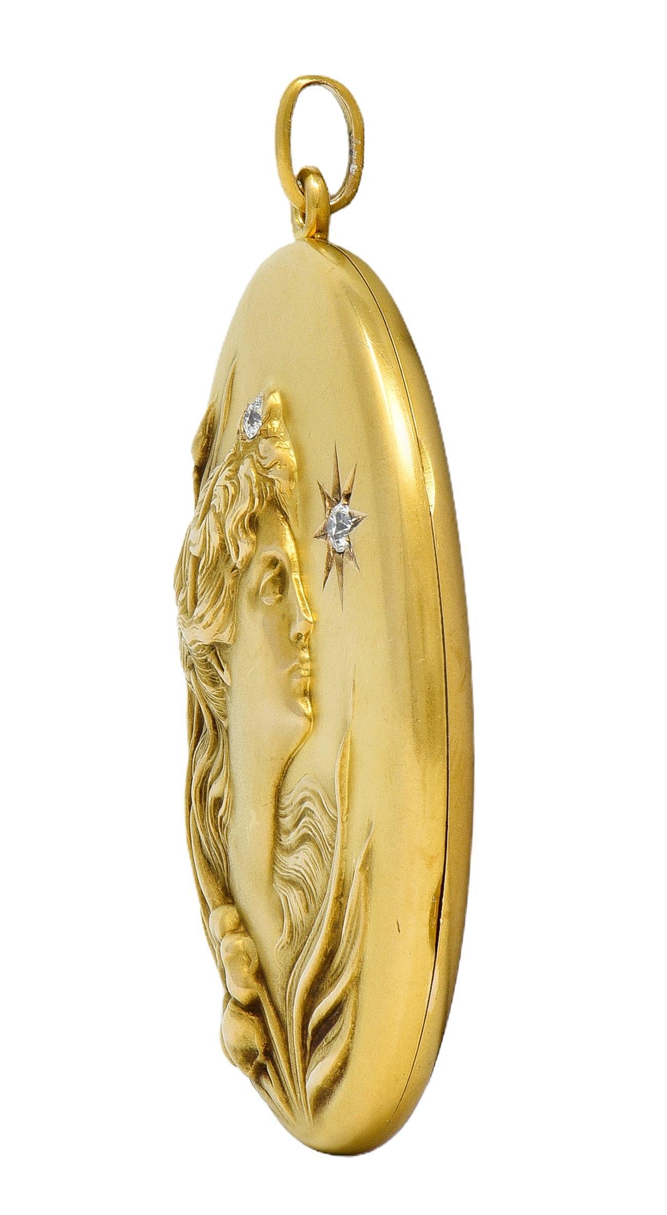 Women's Art Nouveau Diamond 14 Karat Yellow Gold Antique Lady Locket Pendant For Sale