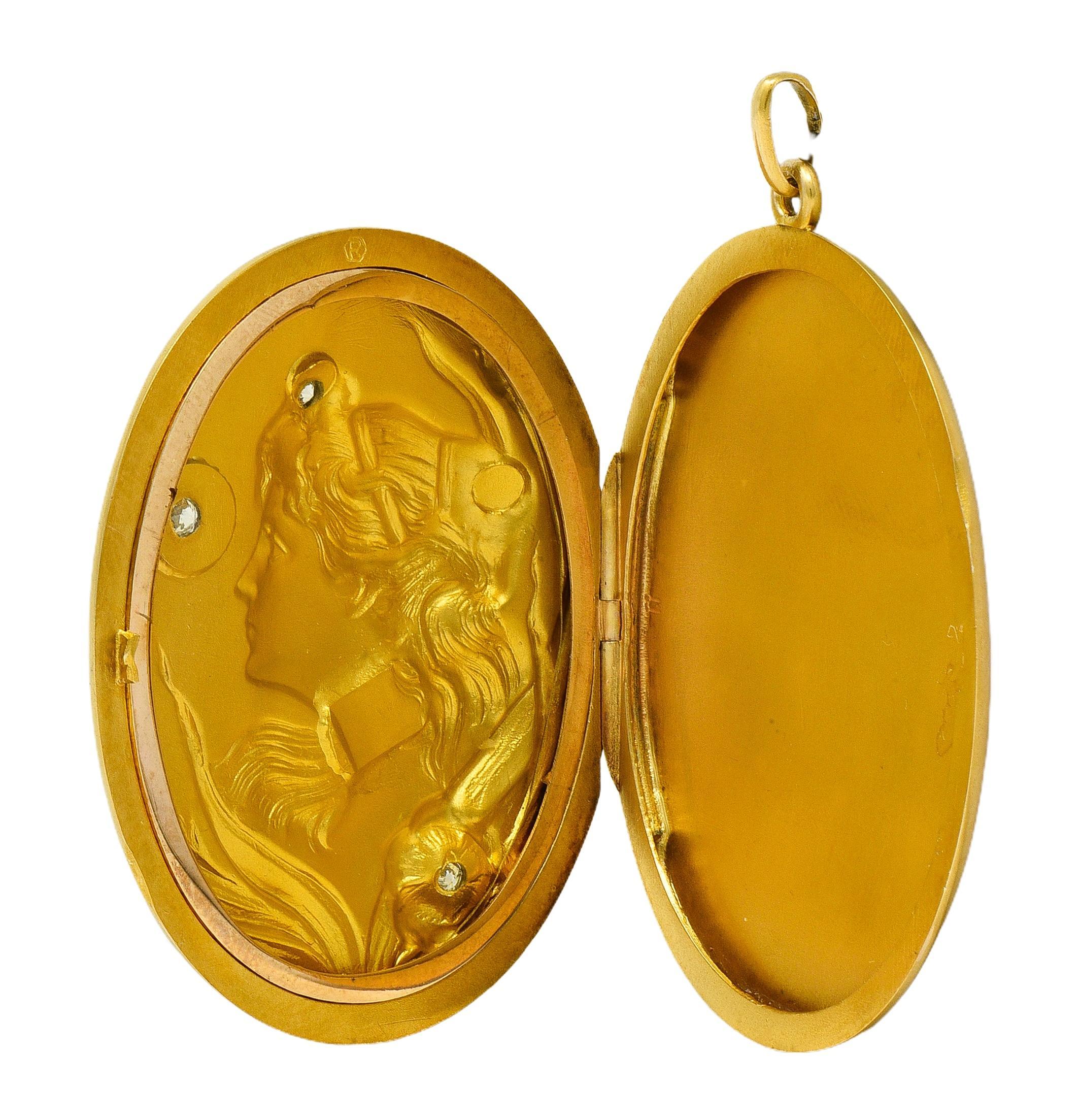 Art Nouveau Diamond 14 Karat Yellow Gold Antique Lady Locket Pendant For Sale 1