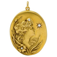 Art Nouveau Diamond 14 Karat Yellow Gold Antique Lady Locket Pendant