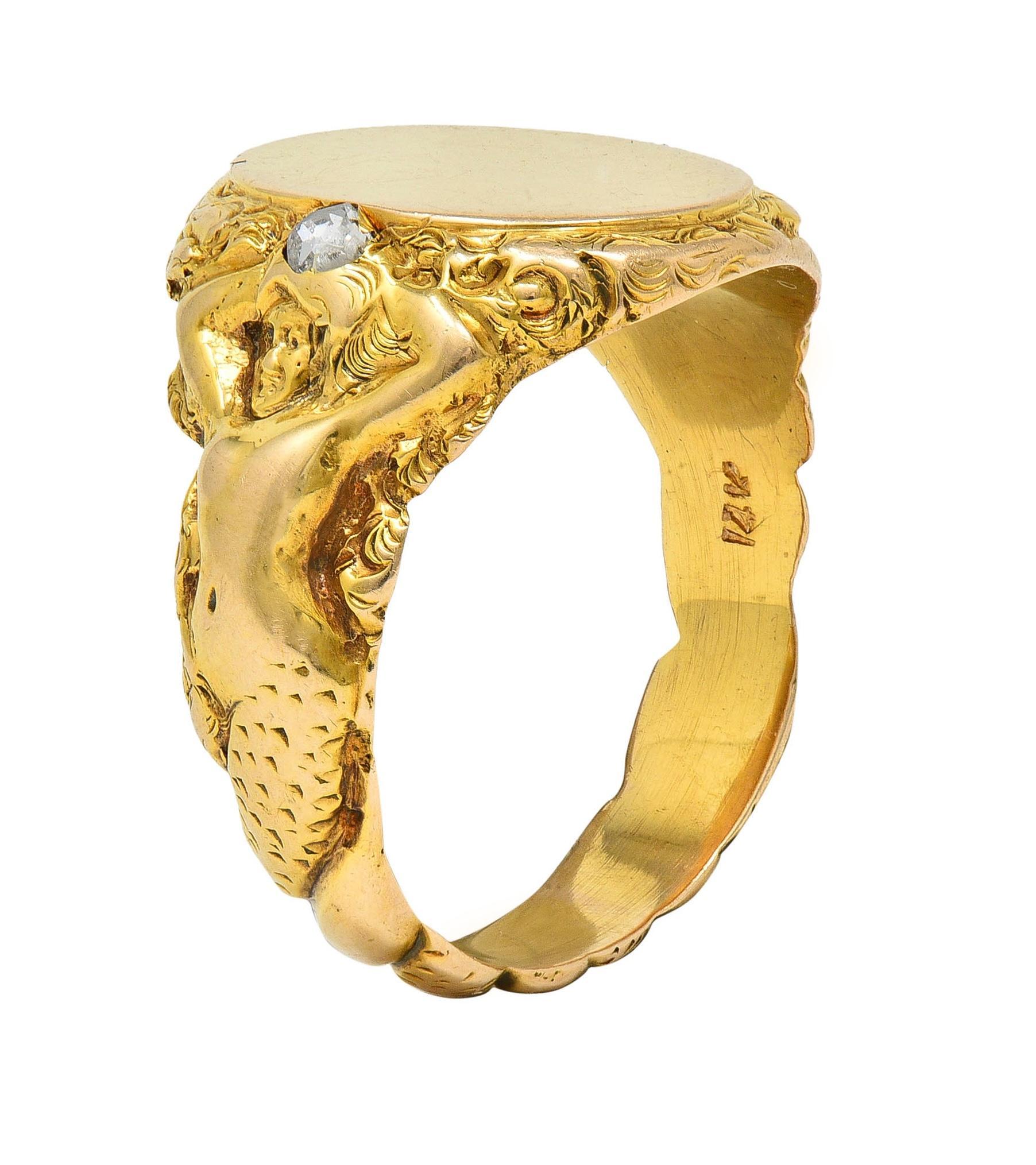 Art Nouveau Diamond 14 Karat Yellow Gold Antique Mermaid Signet Ring 6