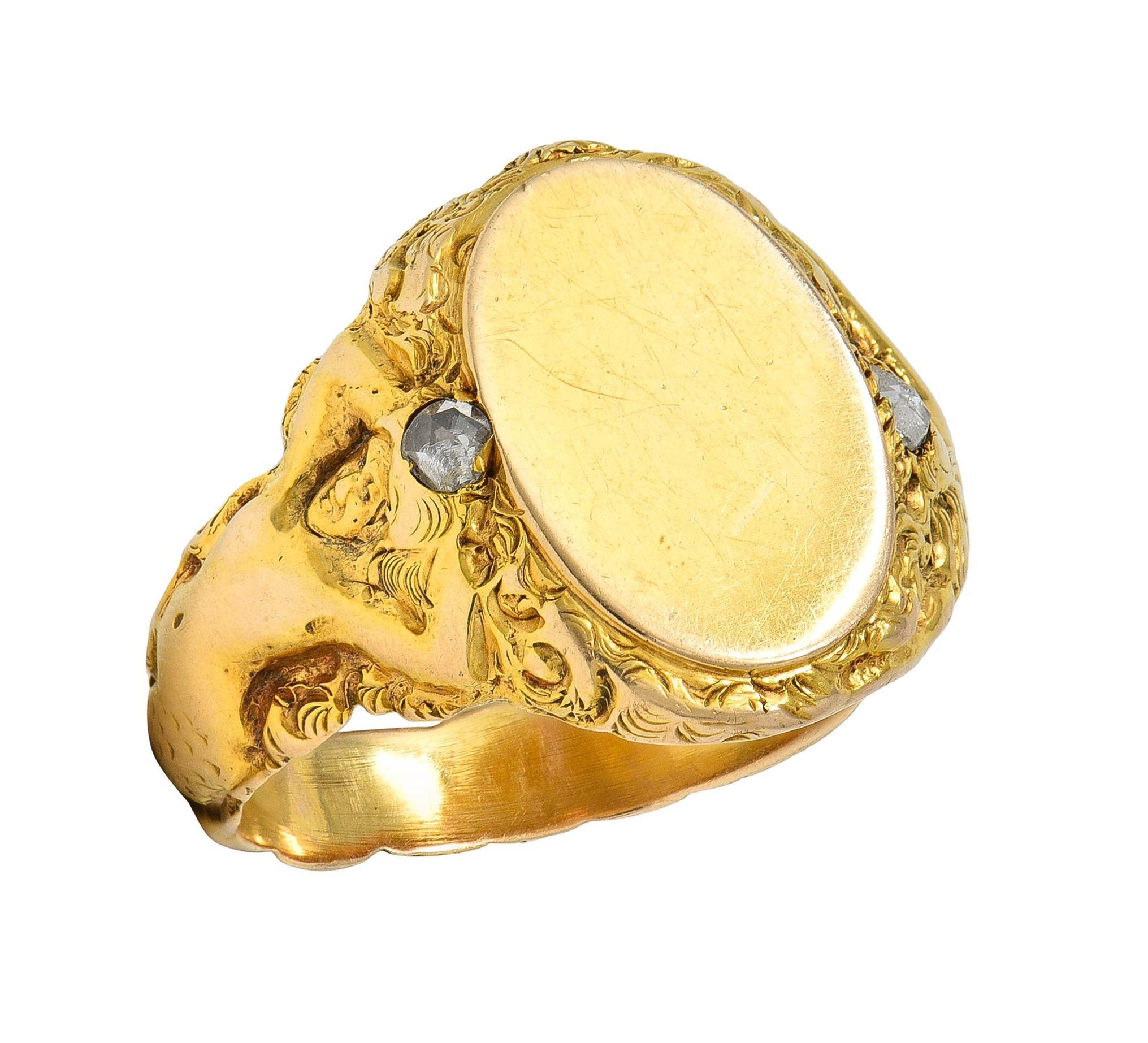 Art Nouveau Diamond 14 Karat Yellow Gold Antique Mermaid Signet Ring 9