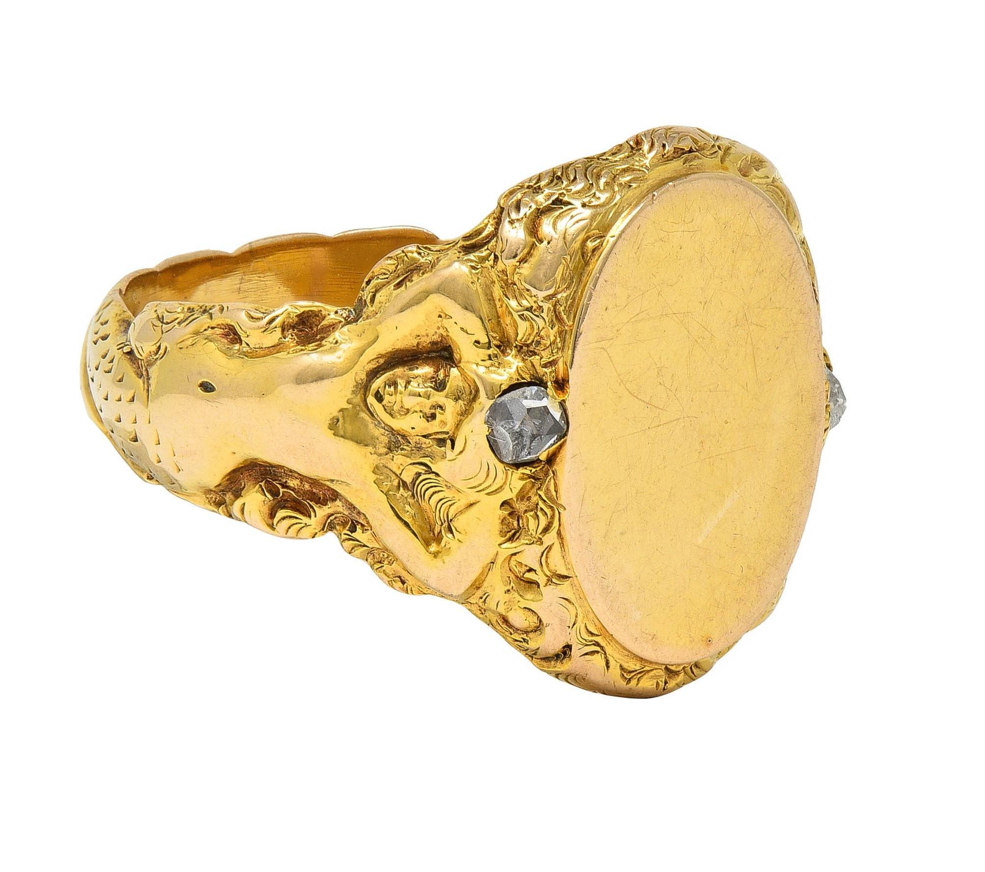Art Nouveau Diamond 14 Karat Yellow Gold Antique Mermaid Signet Ring In Excellent Condition In Philadelphia, PA