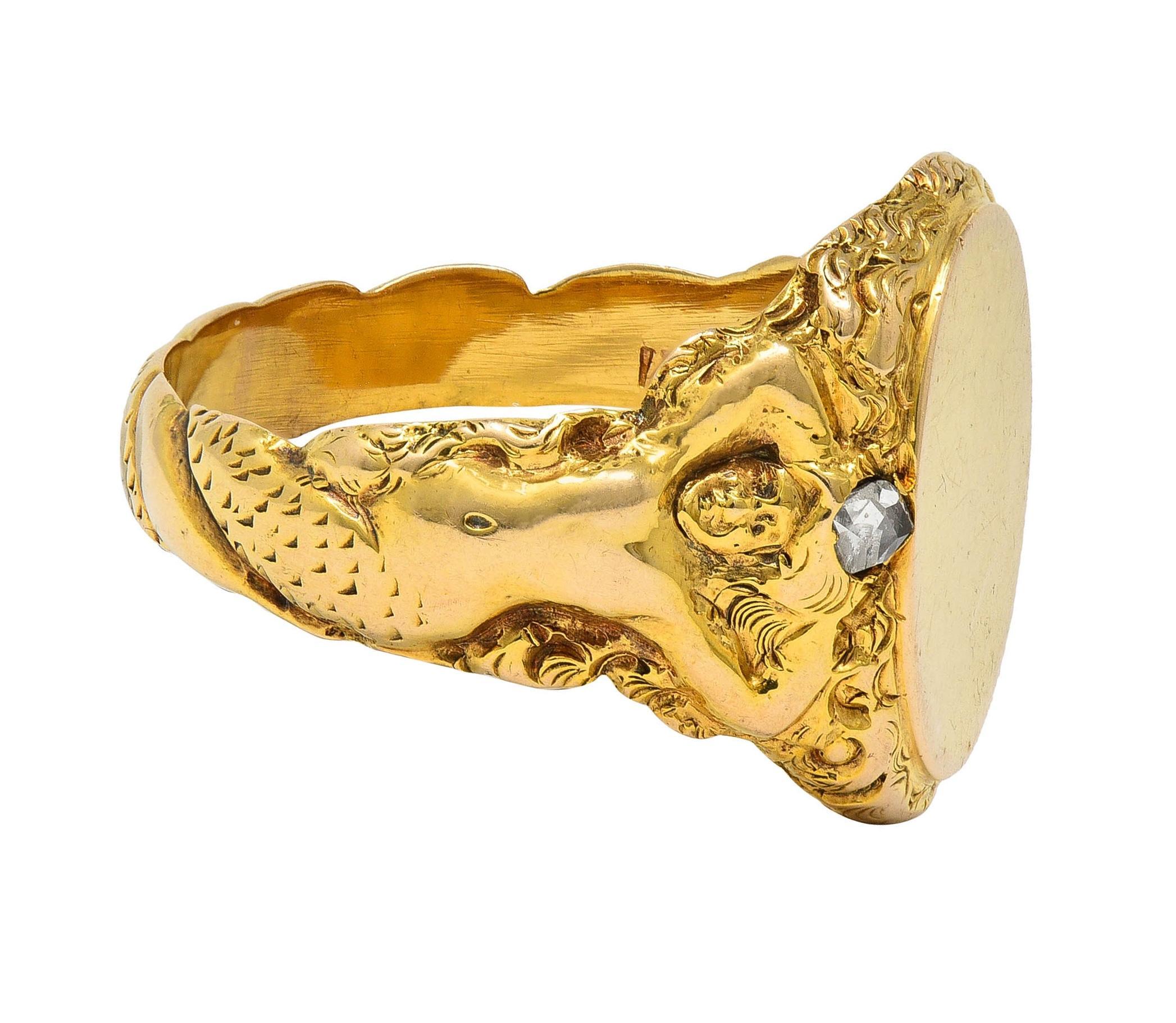 Women's or Men's Art Nouveau Diamond 14 Karat Yellow Gold Antique Mermaid Signet Ring