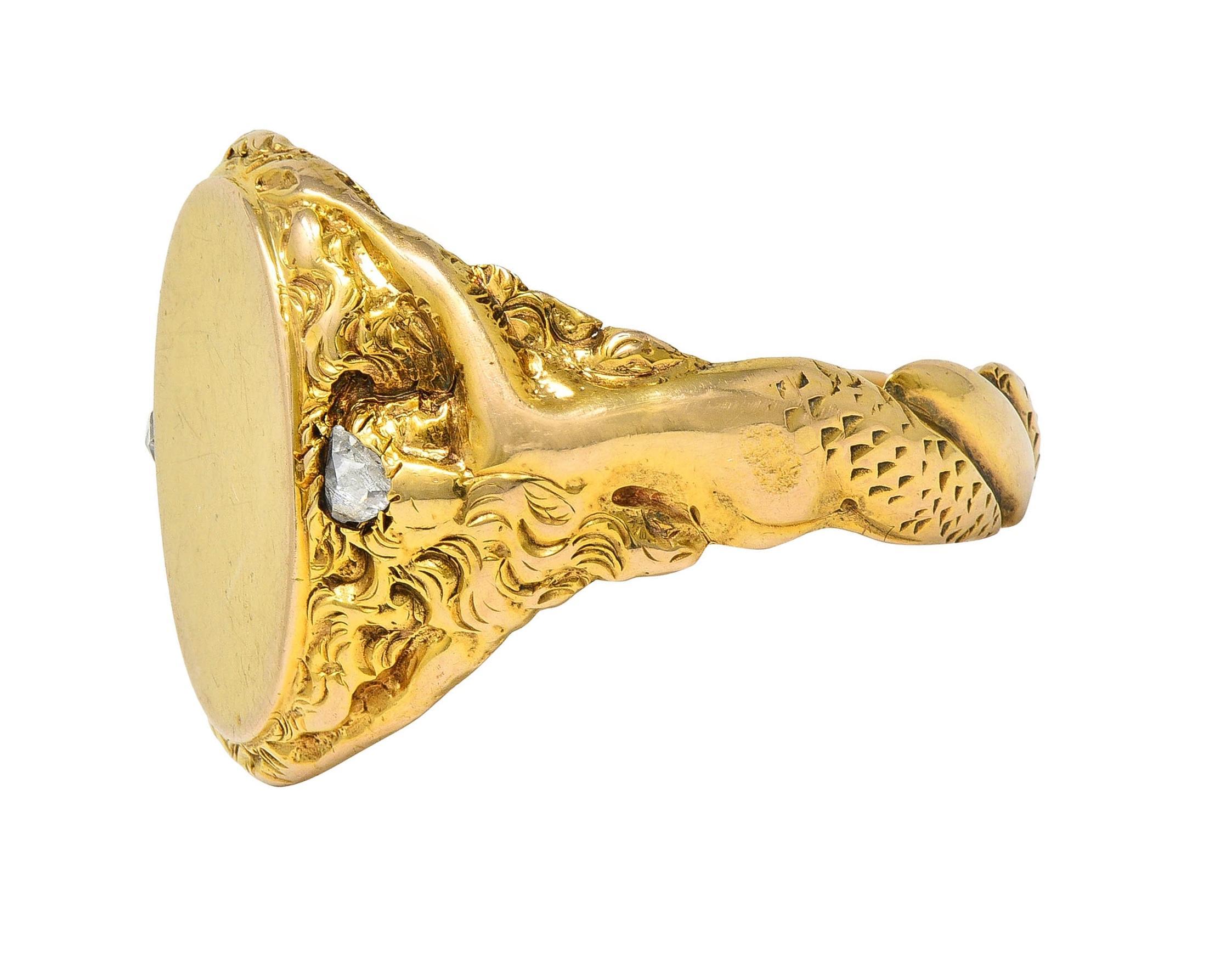 Art Nouveau Diamond 14 Karat Yellow Gold Antique Mermaid Signet Ring 2