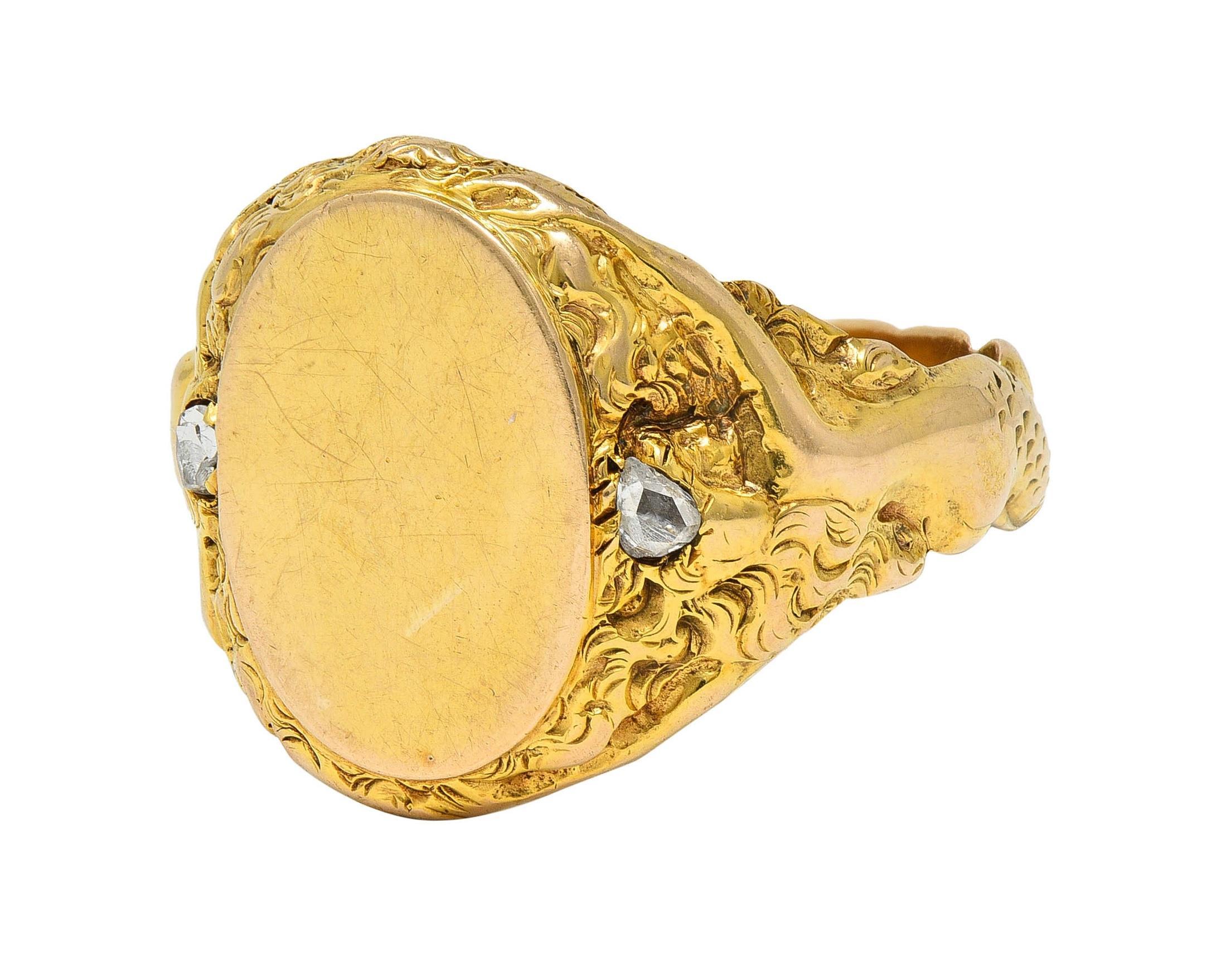 Art Nouveau Diamond 14 Karat Yellow Gold Antique Mermaid Signet Ring 3
