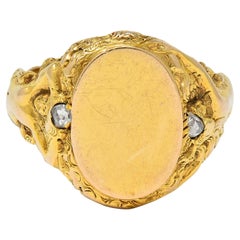 Antiker Jugendstil-Siegelring aus 14 Karat Gelbgold mit Diamanten und antiker Meerjungfrauenmuster
