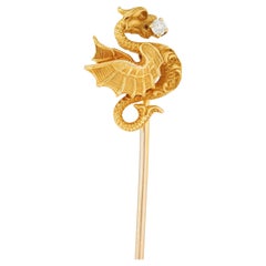 Art Nouveau Diamond 14 Karat Yellow Gold Dragon Antique Stickpin