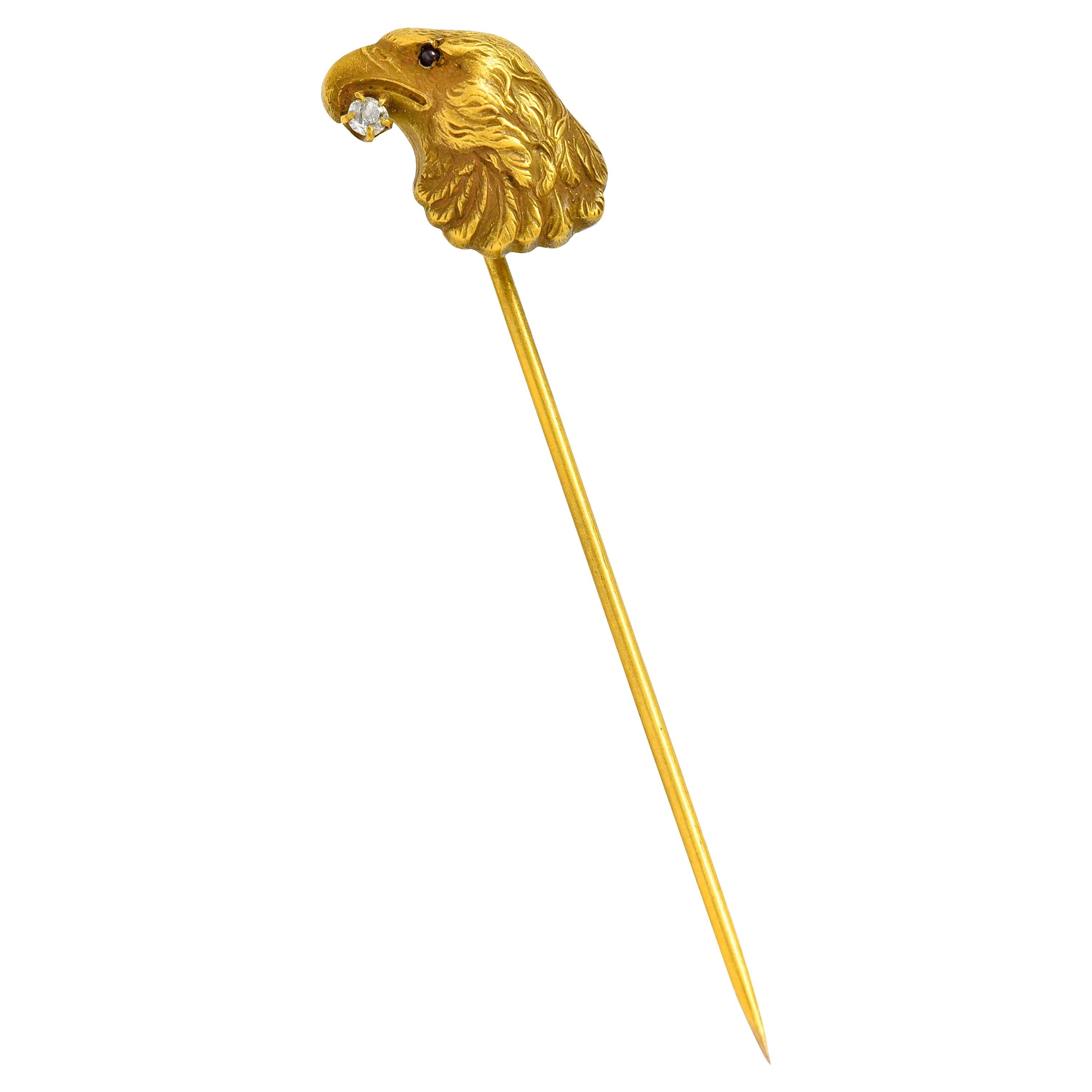 Art Nouveau Diamond 14 Karat Yellow Gold Eagle Bust Stickpin