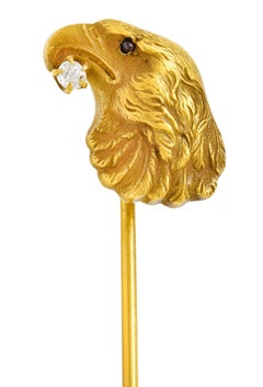 Art Nouveau Diamond 14 Karat Yellow Gold Eagle Bust Stickpin