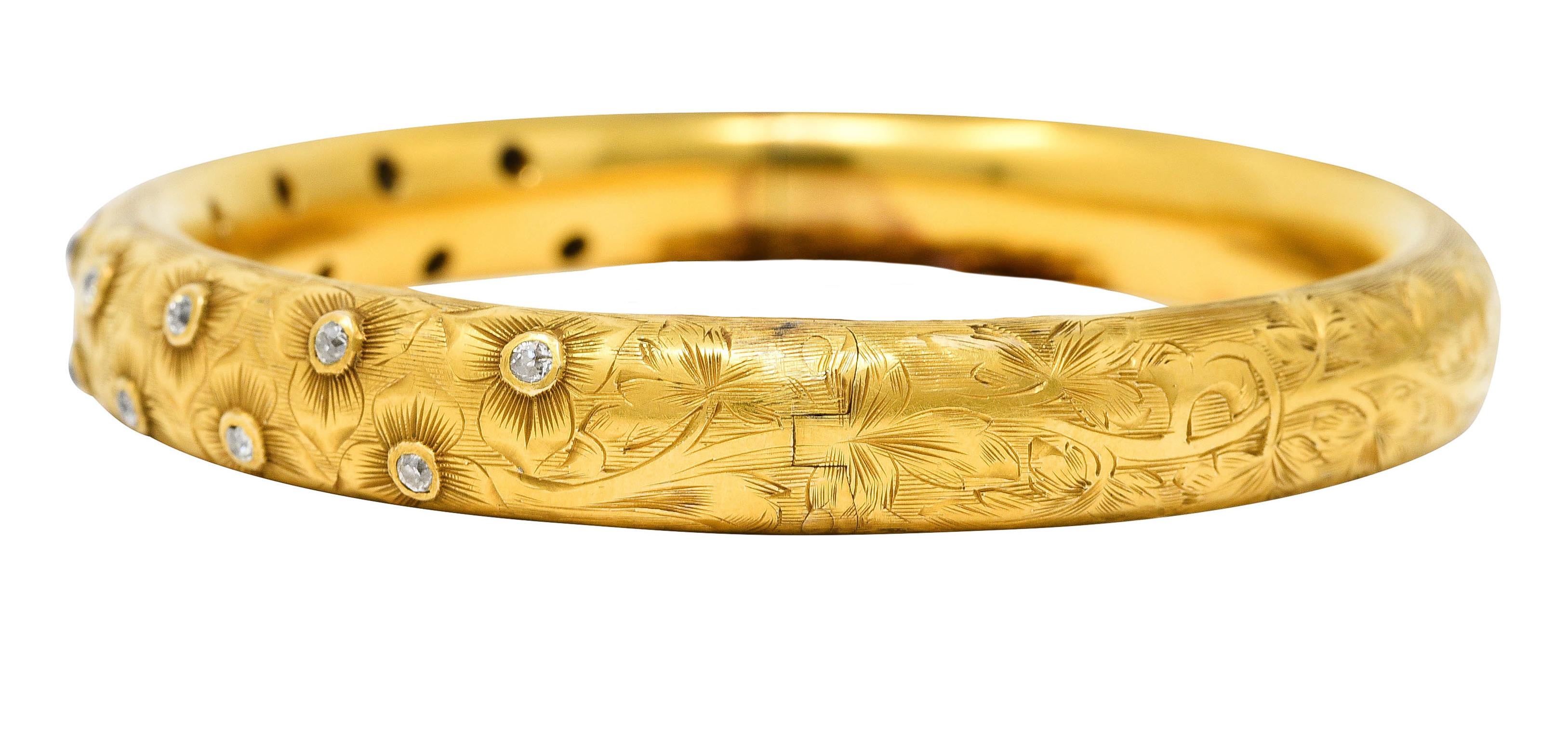 Art Nouveau Diamant 14 Karat Gelbgold Graviert Antiker Armreif im Zustand „Hervorragend“ in Philadelphia, PA