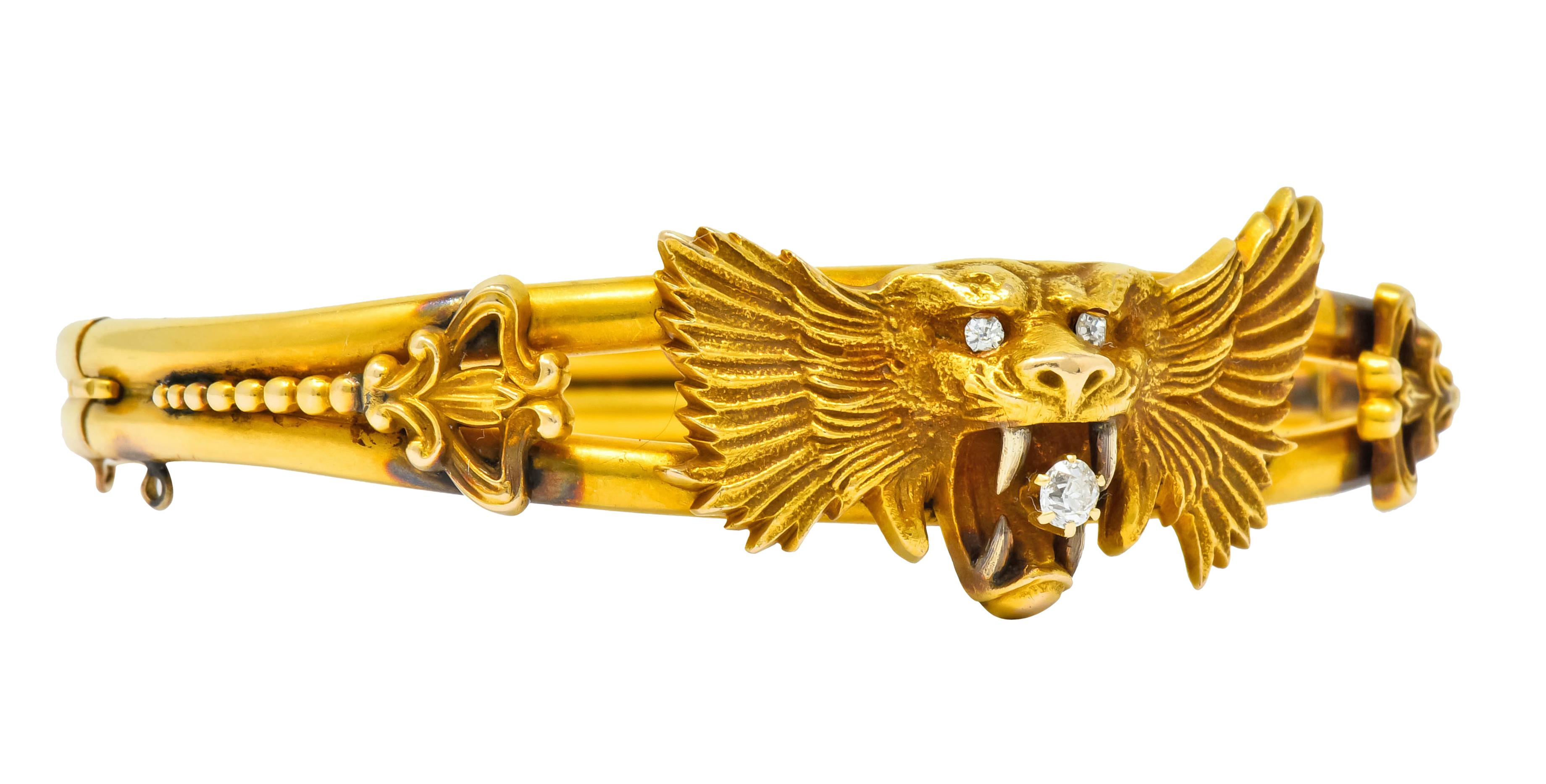 Old European Cut Art Nouveau Diamond 14 Karat Yellow Gold Lion Bangle Bracelet