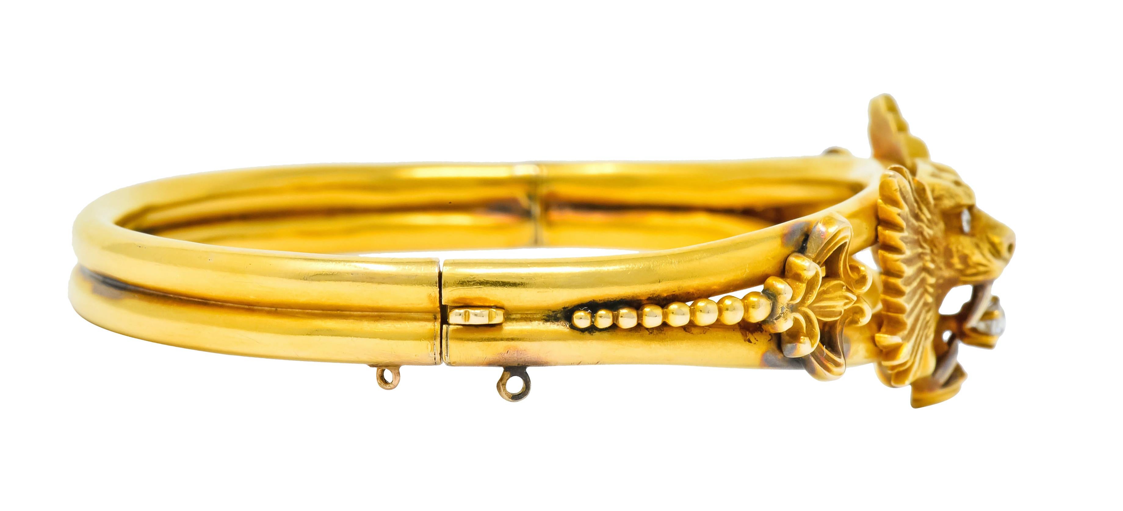 Art Nouveau Diamond 14 Karat Yellow Gold Lion Bangle Bracelet In Excellent Condition In Philadelphia, PA