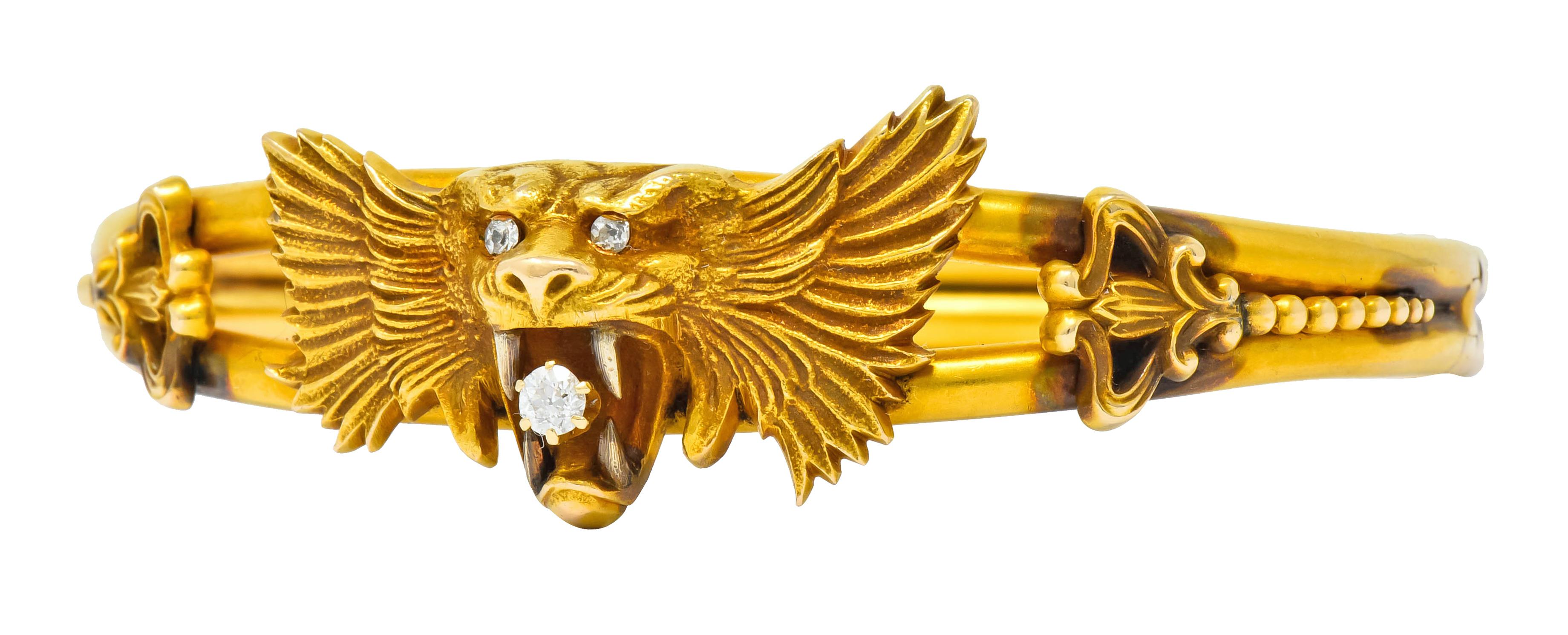 Art Nouveau Diamond 14 Karat Yellow Gold Lion Bangle Bracelet 3