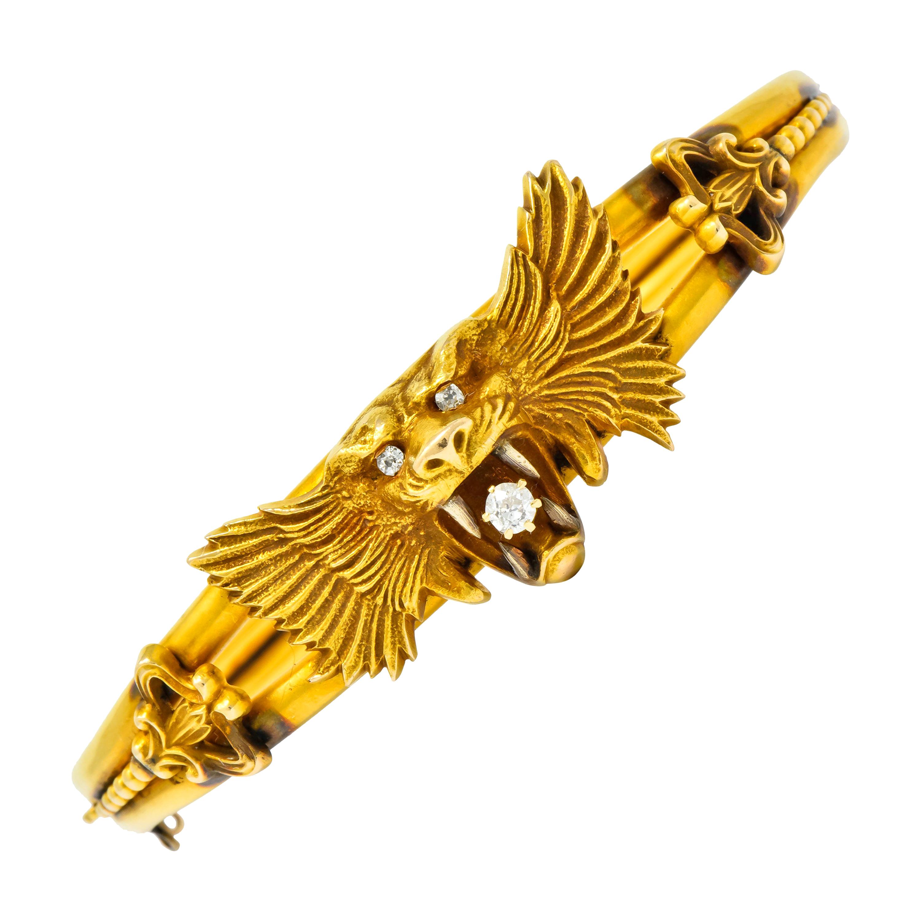 Art Nouveau Diamond 14 Karat Yellow Gold Lion Bangle Bracelet