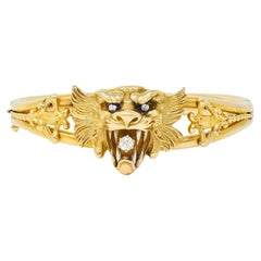 Art Nouveau Diamond 14 Karat Yellow Gold Lion Head Antique Bangle Bracelet