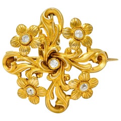 Art Nouveau Diamond 14 Karat Yellow Gold Whiplash Floral Pendant Brooch
