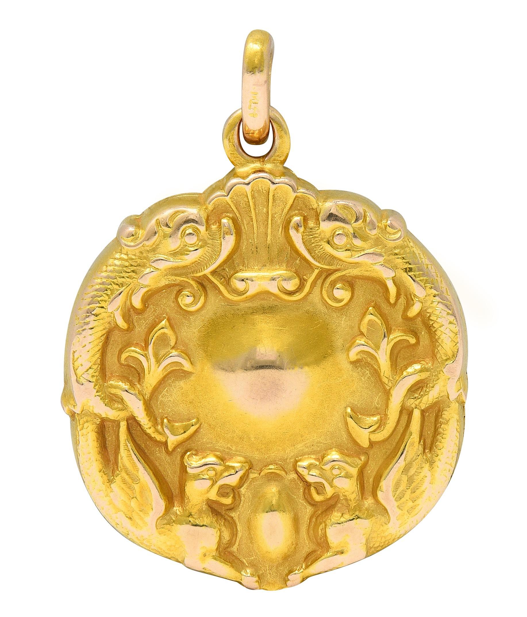 Ciondolo a medaglione in oro 14K bicolore con diamante Art Nouveau, Serpente Grifone Antico In condizioni ottime in vendita a Philadelphia, PA