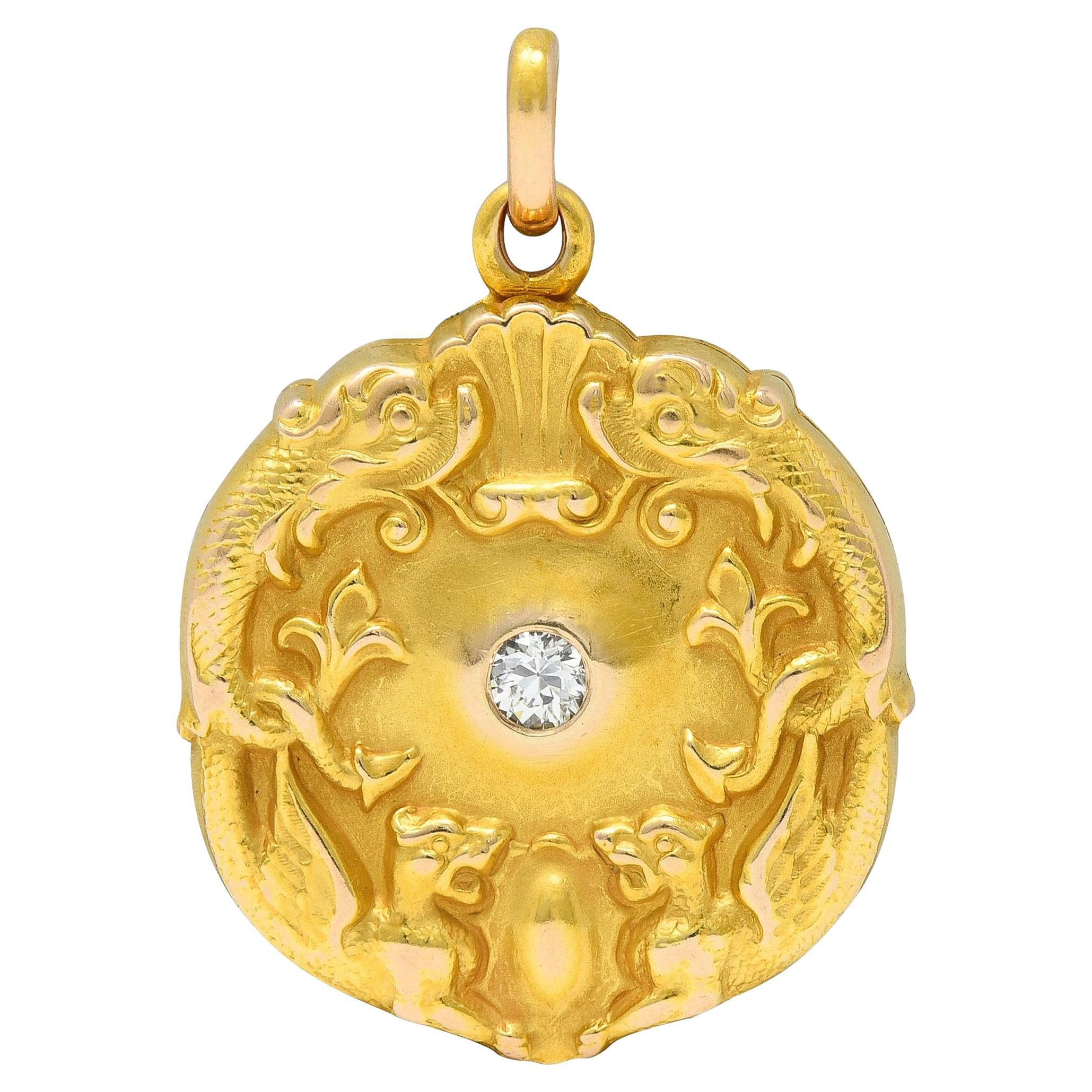 Ciondolo a medaglione in oro 14K bicolore con diamante Art Nouveau, Serpente Grifone Antico