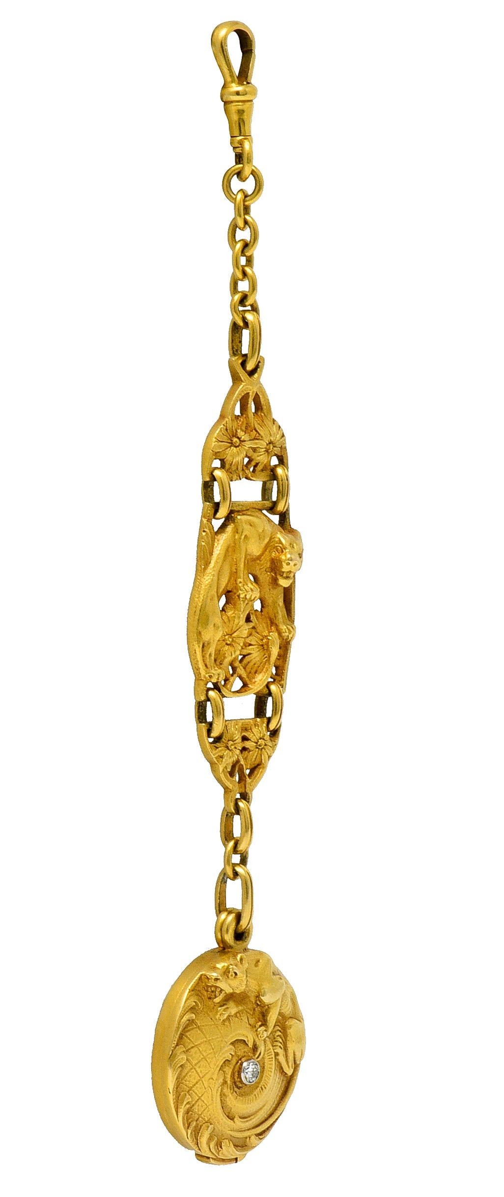 Round Cut Art Nouveau Diamond 18 Karat Gold Jaguar Locket Pendant