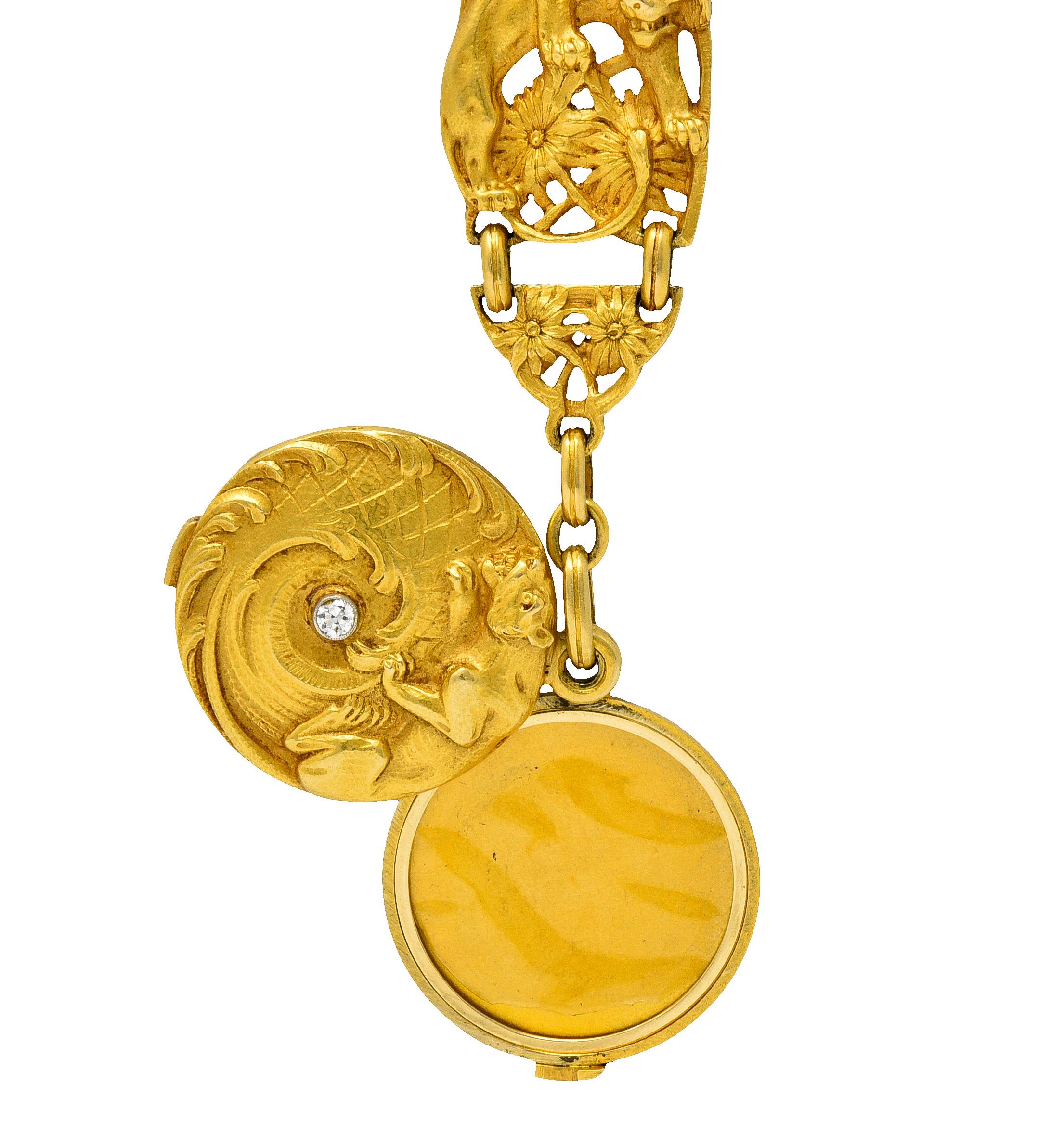 Women's or Men's Art Nouveau Diamond 18 Karat Gold Jaguar Locket Pendant